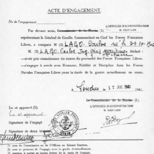 Acte d'engagement de Carlos Lago dans les Forces navales françaises